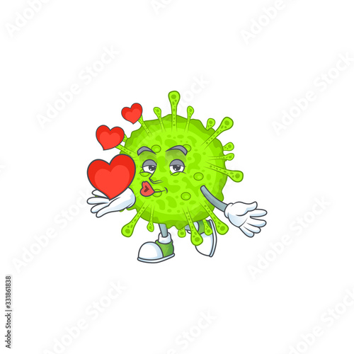 A romantic cartoon character of orthocoronavirinae with a heart