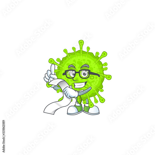 cartoon character of orthocoronavirinae holding menu on his hand