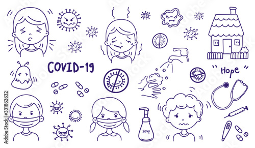 Coronavirus hand drawn icons, Cute health care doodle collection. Health Care icon set, Corona Virus Disease (COVID-19) infographic design element vector illustration.