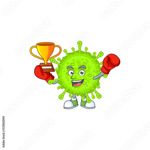 Happy face of boxing winner orthocoronavirinae in mascot design style