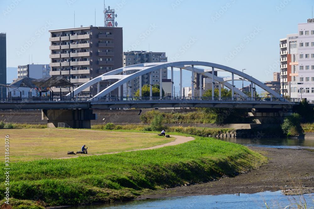 View of Shirakawa bridge and Shirakawa river at Kumamoto