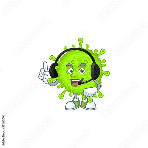 An attractive orthocoronavirinae mascot character concept wearing headphone