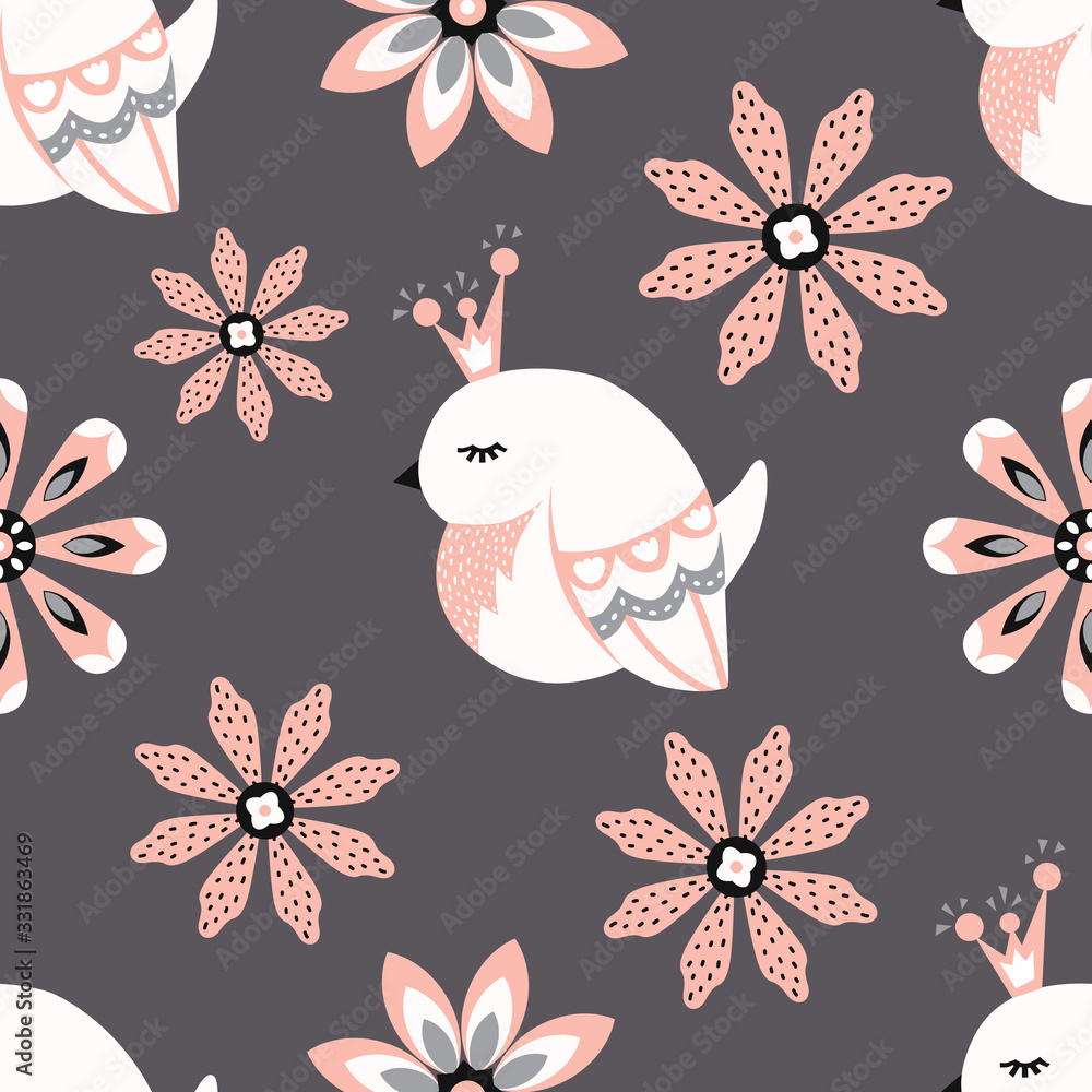 Vector seamless pattern with birds and flowers on the dark background. Botanical illustration. Artwork for wallpaper, textile, greeting cards, invitations, prints, home decor.