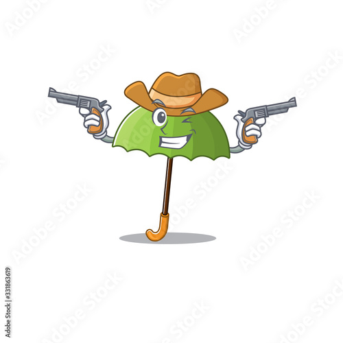 Funny green umbrella as a cowboy cartoon character holding guns