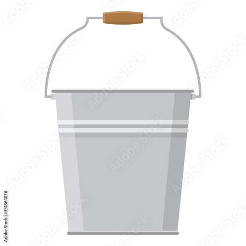 Tin metal iron bucket empty or with water for gardening isolated on white background. Cartoon style. Vector illustration for any design.
