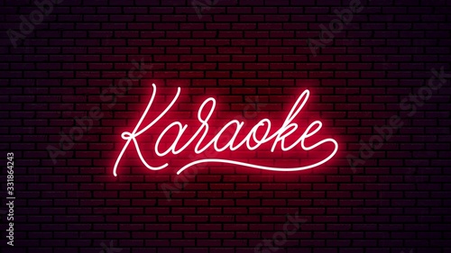 Karaoke neon hand drawn lettering. Ready glowing signboard design. Vector neon text isolated on brick wall background.