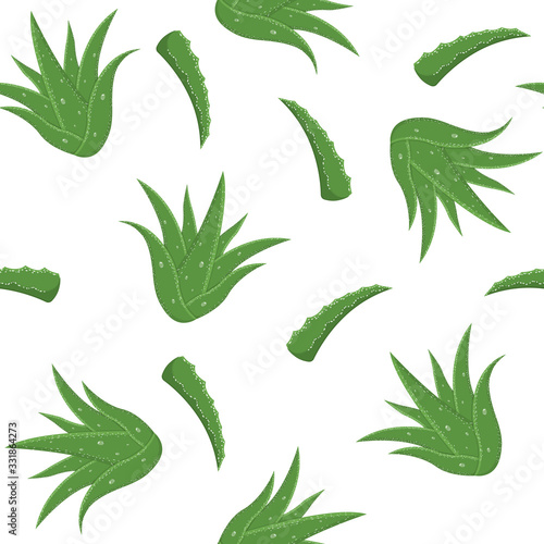 Seamless pattern with aloe vera medicinal plant cut leaves isolated on white background. Cartoon style. Vector illustration for any design.