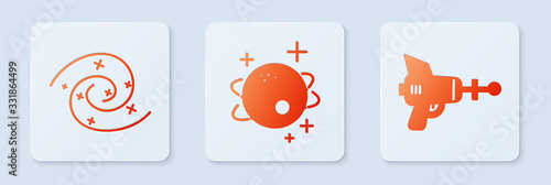 Set Planet, Black hole and Ray gun. White square button. Vector