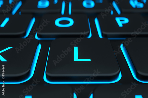 The L keypad laptop button and the symbol glow in the dark. Modern keyboard button closeup in blur background, 3d illustration