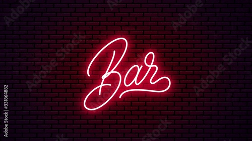 Bar neon hand drawn lettering. Ready glowing signboard design. Vector neon text isolated on brick wall background.