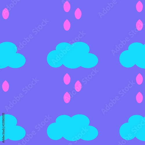 Clouds with rain in gentle pastel colors, seamless pattern blue clouds, pink water drops, purple background, design for postcard, for wallpaper in children room, cute, baby, child, kid, print, texture