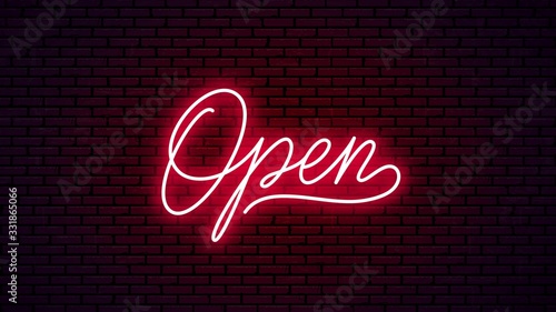 Open neon hand drawn lettering. Ready glowing signboard design. Vector neon text isolated on brick wall background.