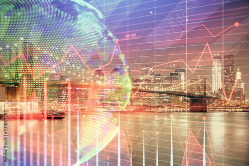 Financial chart on city scape with tall buildings background multi exposure. Analysis concept.