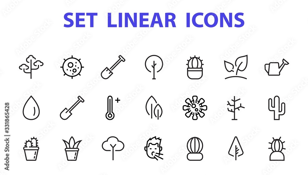   A set of Rosteniya Icons, and garden care, Vector illustration, Contains Icons such as tree, cactus, watering can, spade, flower and much more. on a white background, editable bar 480x480