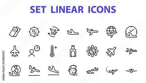  A simple set of airport related vector line icons. Contains badges such as departure  boarding  waiting time  boarding  find a place to travel tickets  and much more. Editable stroke. 48x48 pixels