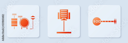 Set Music stand, Drums and Banjo. White square button. Vector