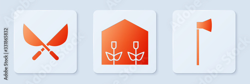 Set Home greenhouse and plants, Gardening handmade scissors and Wooden axe. White square button. Vector