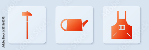 Set Watering can, Hammer and Kitchen apron. White square button. Vector