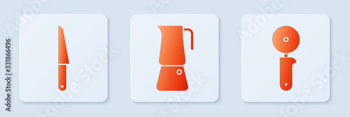 Set Moka pot, Knife and Pizza knife. White square button. Vector