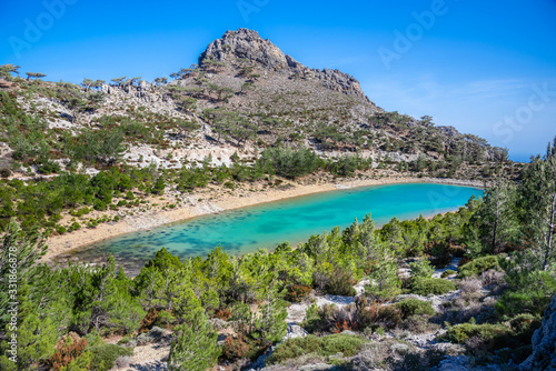 Lake of Skafi on the mountain of Thripti at spring, Crete, Greece.