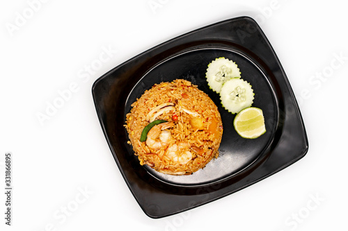 Seafood Tom Yum Fried rice with mushroom on white background