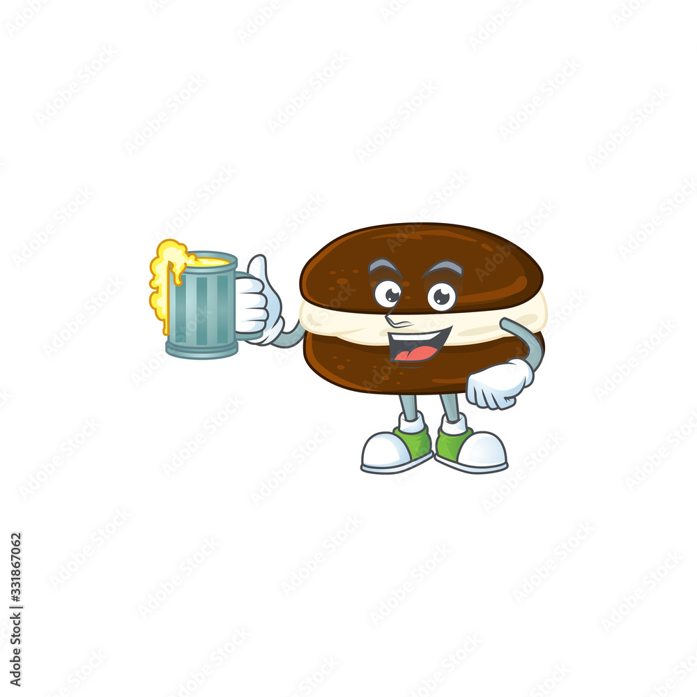 A cartoon concept of whoopie pies with a glass of beer