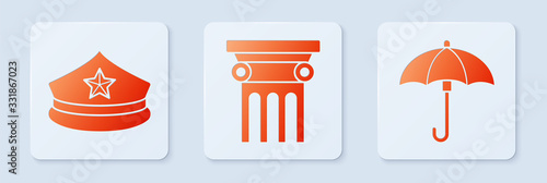 Set Law pillar, Police cap with cockade and Umbrella. White square button. Vector