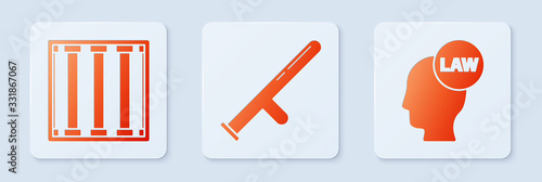 Set Police rubber baton, Prison window and Head with law. White square button. Vector