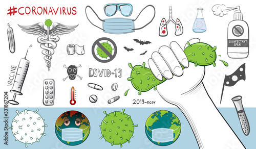 Coronavirus causes, symptoms and spreading. Hand-drawn Vector Illustrations Set for COVID-19 Disease Awareness.
