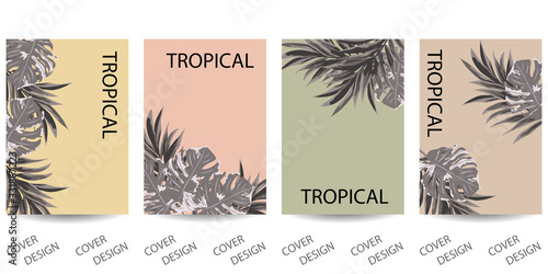 Set of cover template with tropical leaves. Abstract minimal background with art texture. For printing on covers, banners, sales, flyers. Modern design. Vector. EPS10