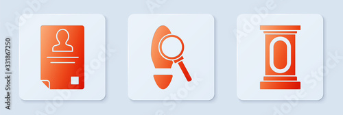 Set Magnifying glass with footsteps, Identification badge and Stage stand or debate podium rostrum. White square button. Vector