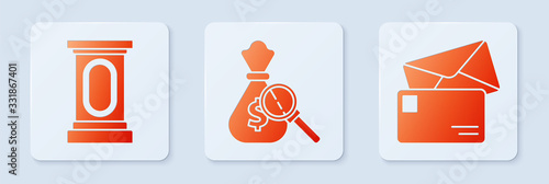Set Money bag and magnifying glass, Stage stand or debate podium rostrum and Envelope. White square button. Vector