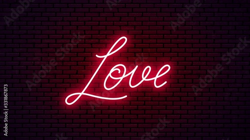 Love neon hand drawn lettering. Ready glowing signboard design. Vector neon text isolated on brick wall background.
