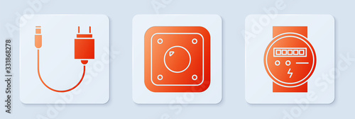 Set Electric light switch, Charger and Electric meter. White square button. Vector