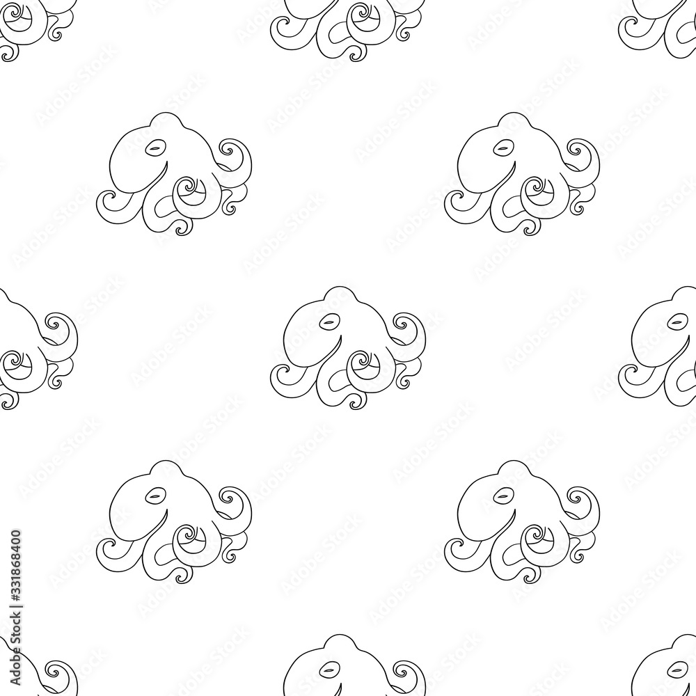 Seamless pattern of cute octopuses, hand drawn black doodle outline. Marine residents poulpe, ocean background for wrapping, scrapbooking paper, banner. Stock vector illustration isolated.