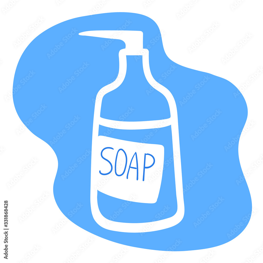 Hand drawn bottle of liquid antibacterial soap. Protection against bacteria, daily hygiene, prevention of virus infection. Stock vector simple flat illustration isolated on white background. Hand drawn bottle of liquid antibacterial soap. Protection against bacteria, daily hygiene, prevention of virus infection. Stock vector simple flat illustration isolated on white background.