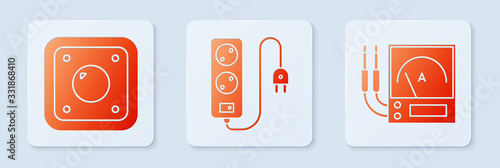 Set Electric extension cord, Electric light switch and Ampere meter, multimeter, voltmeter. White square button. Vector