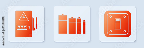 Set Battery, Electrical panel and Electric light switch. White square button. Vector