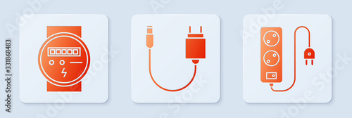 Set Charger, Electric meter and Electric extension cord. White square button. Vector