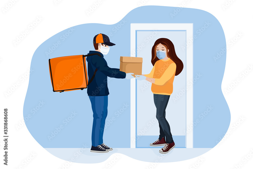 Delivery of goods during the prevention of coronovirus, Covid-19. Courier in a face mask with a box in his hands. Vector illustration.