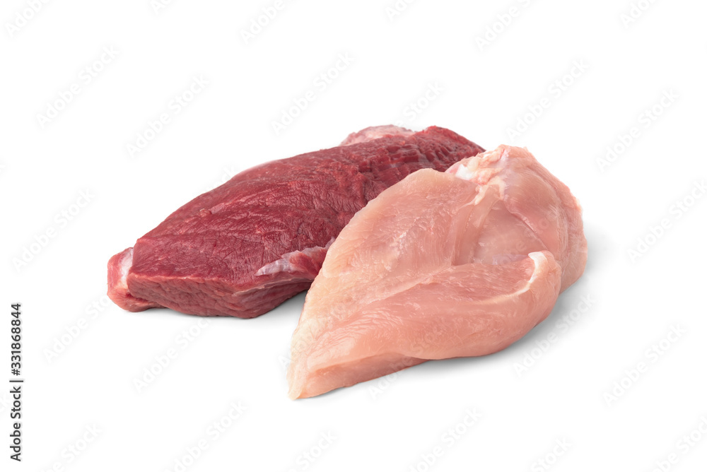 Raw pork meat and chicken fillet isolated on white background. Raw pork meat and chicken fillet isolated on white background.