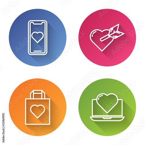 Set line Mobile phone with heart, Amour with heart and arrow, Shopping bag with heart and Laptop with heart. Color circle button. Vector