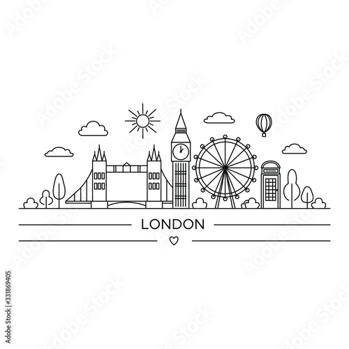 Illustration of London city attractions in line art style. Suitable for printing on souvenirs and thematic products in the field of tourism.