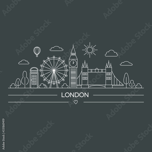 Illustration of London city attractions in line art style. Suitable for printing on souvenirs and thematic products in the field of tourism.