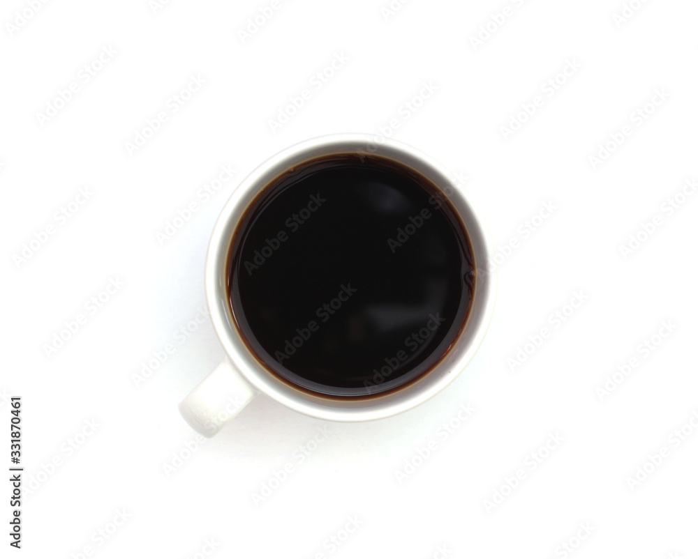 black coffee in coffee cup top view isolated on white background