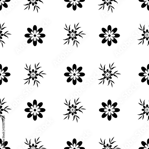 Seamless pattern with black flowers on the white background. Vector illustration.