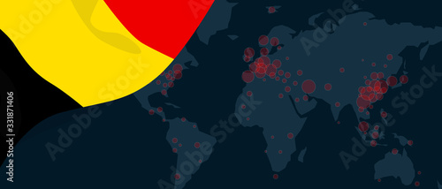 Corona virus covid-19 pandemic outbreak world map spread with flag of Belgium illustration