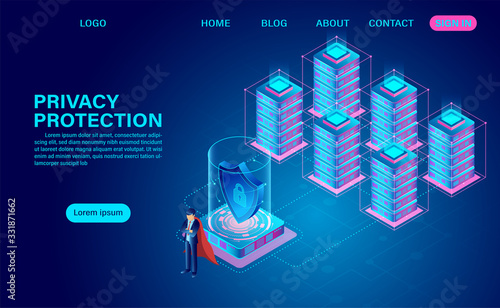 Privacy protection and security are confidential data from thefts data and hacker attacks . web header template. flat isometric vector illustration