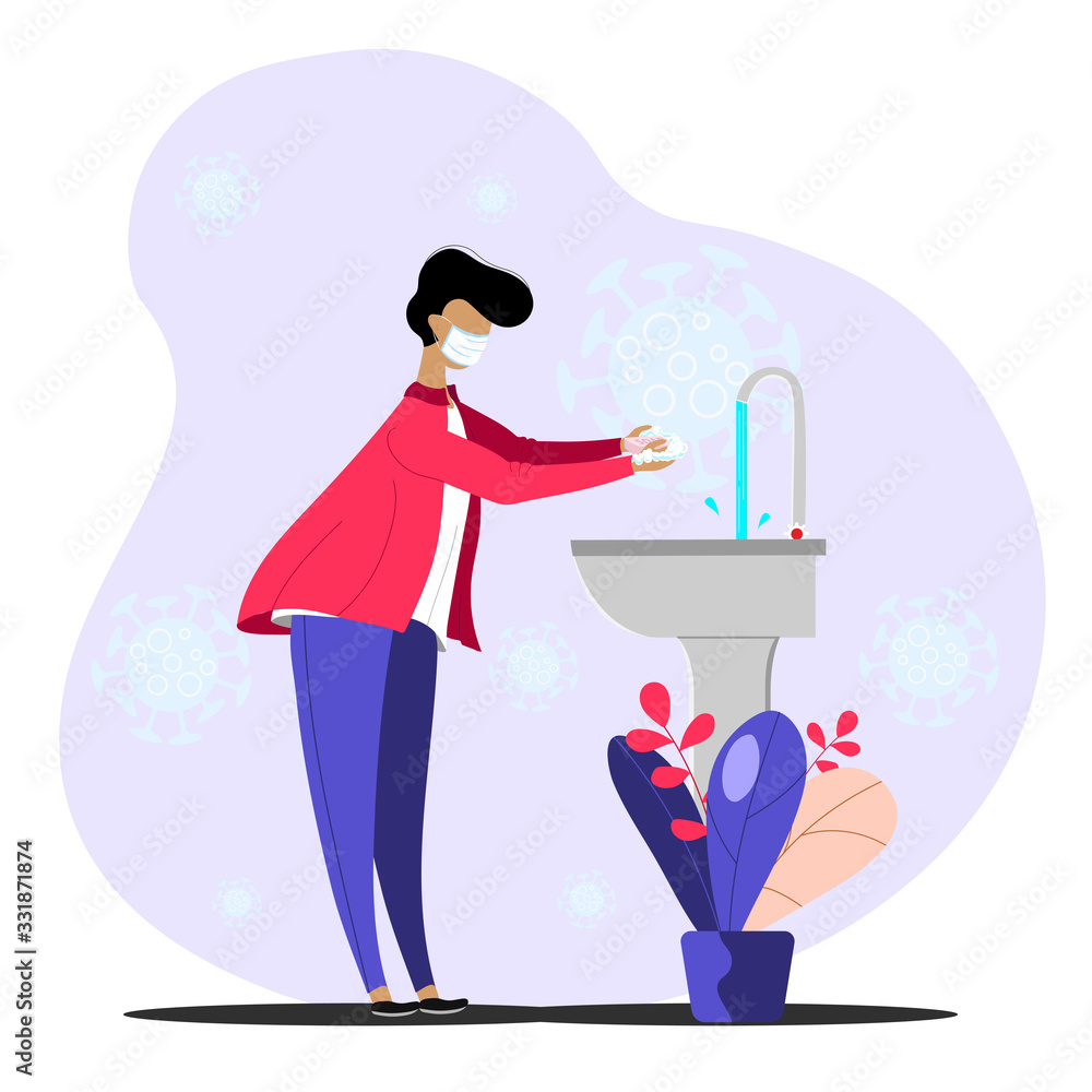 Washing hands to sanitize and disinfect COVID-19 Coronavirus pathogens from your hands concept, man washing hands with soap with bubbles. COVID-19 virus pathogen in the air around him Washing hands to sanitize and disinfect COVID-19 Coronavirus pathogens from your hands concept, man washing hands with soap with bubbles. COVID-19 virus pathogen in the air around him