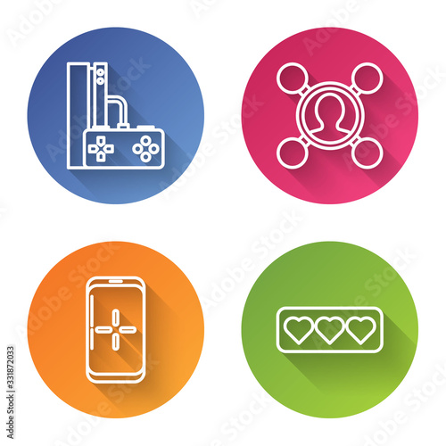Set line Game console with joystick, Share, Smartphone and playing in game and Like and heart. Color circle button. Vector
